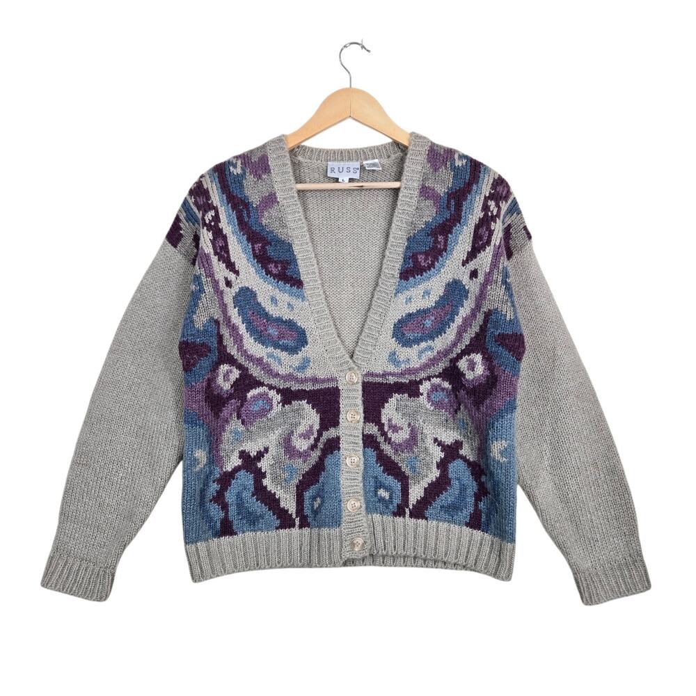 Vintage 90s Russ Mohair Blend Cardigan L Paisley Cottagecore Grandpa Knit